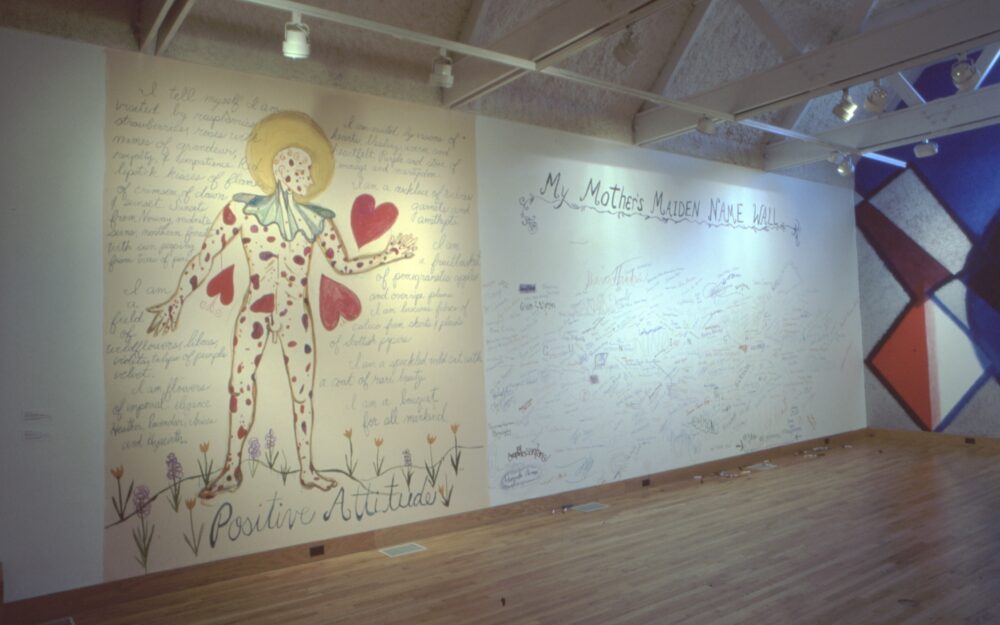 two pieces of art that have been drawn onto the walls of the museum, interactive with visitors