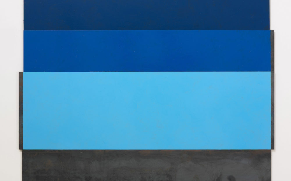 Abstract painting with three horizontal bars in different shades of blue and the bottom bar a washed black.