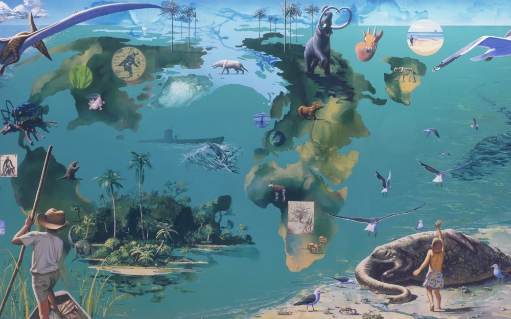 A large map of the world with various animals superimposed on top. Two young stand on either side of the image looking away from the viewer at the dinosaurs