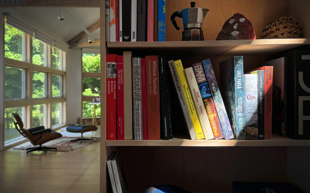 Close up of a bookshelf to the right with a living room with modernist chair to the left.