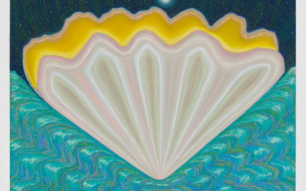 An abstract work on paper with a white glowing shell-like form emerging from the sea at night with a full moon overhead.