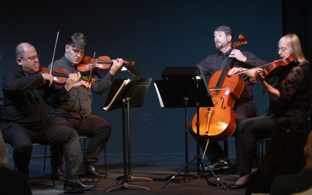 Four people wearing black playing string instruments on a stage.