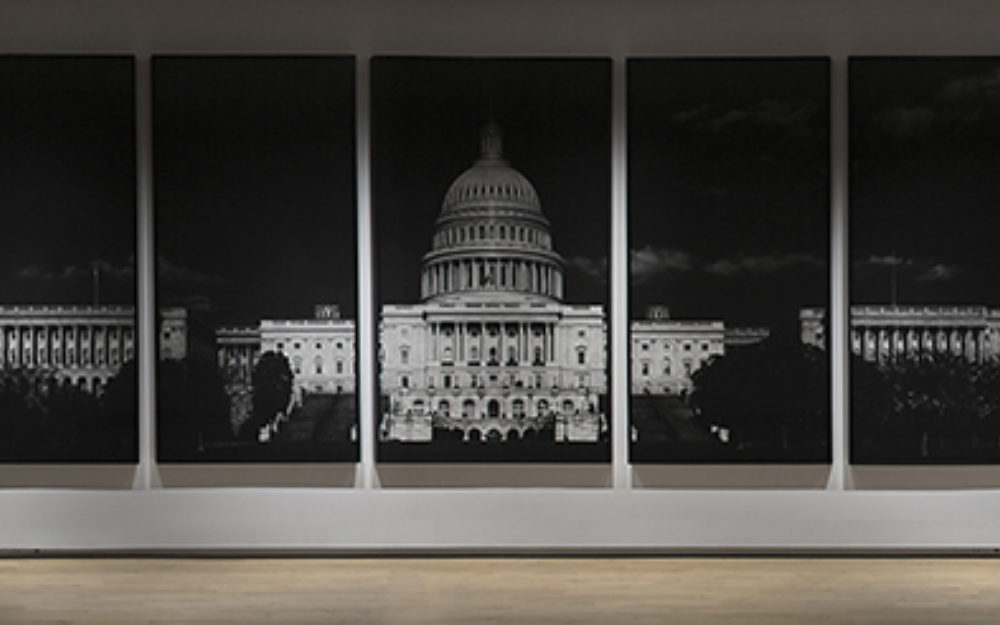 Black and white image of the United States capitol