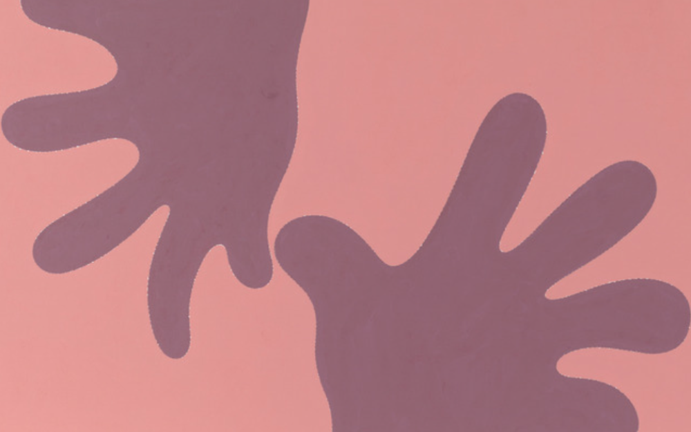 Two cartoon-like hands against a pale pink background