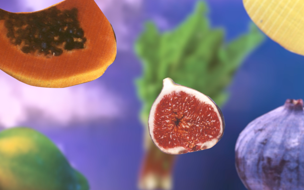 Film still with purple background with floating cut fruit and vegetables.