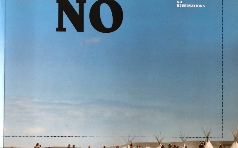 No Reservations book cover with a big blue sky and people, horses and structures at the bottom.