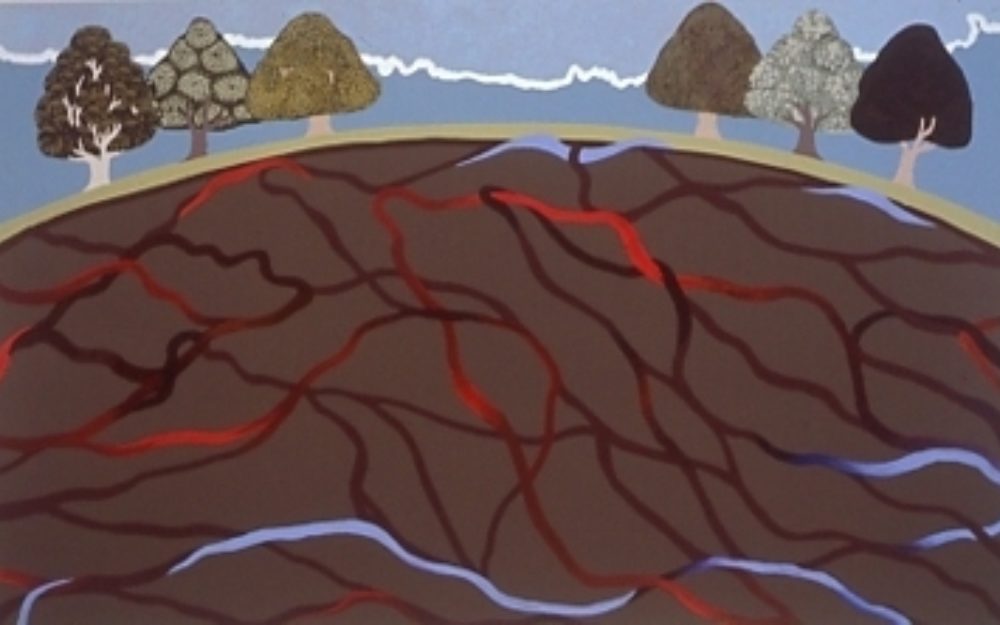 Trees on blue with white line running through background on hill with bright to dark red and bright blue "veins" running through brown background.
