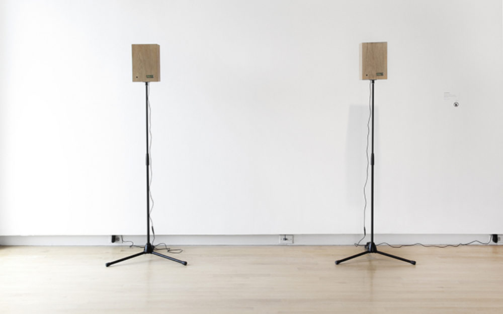 Two tall speakers stand in a gallery