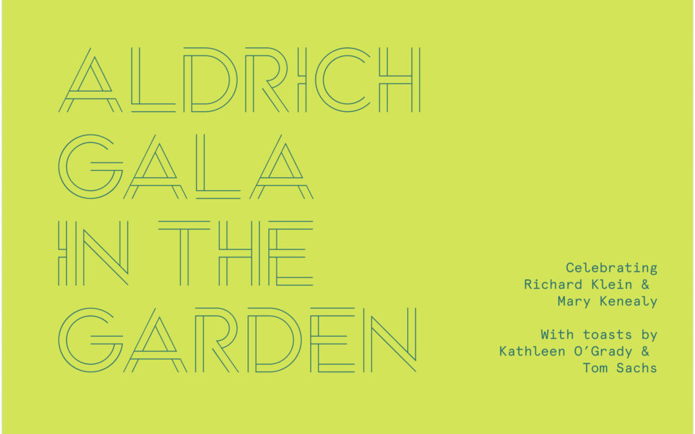 Aldrich Gala in the Garden text in teal on a chartreuse background.