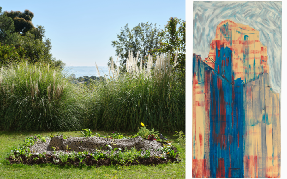 an image of an outdoor sculpture and a painting of a cityscape