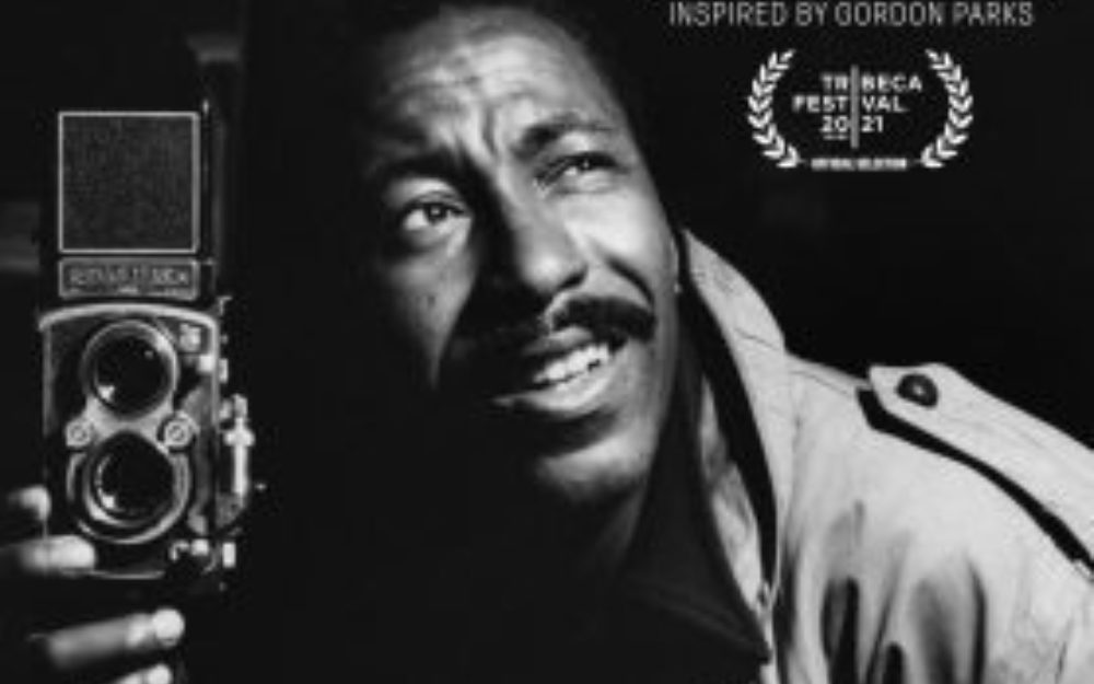 Movie poster for "A Choice of Weapons: Inspired by Gordon Parks" featuring a black and white photo of Gordon Parks holding a film camera.