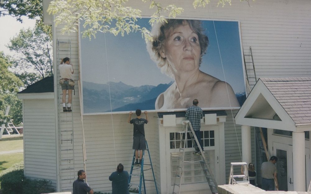 This is an image of the installation of a work which hung outside the museum for the exhibition, The Nude in Contemporary Art
