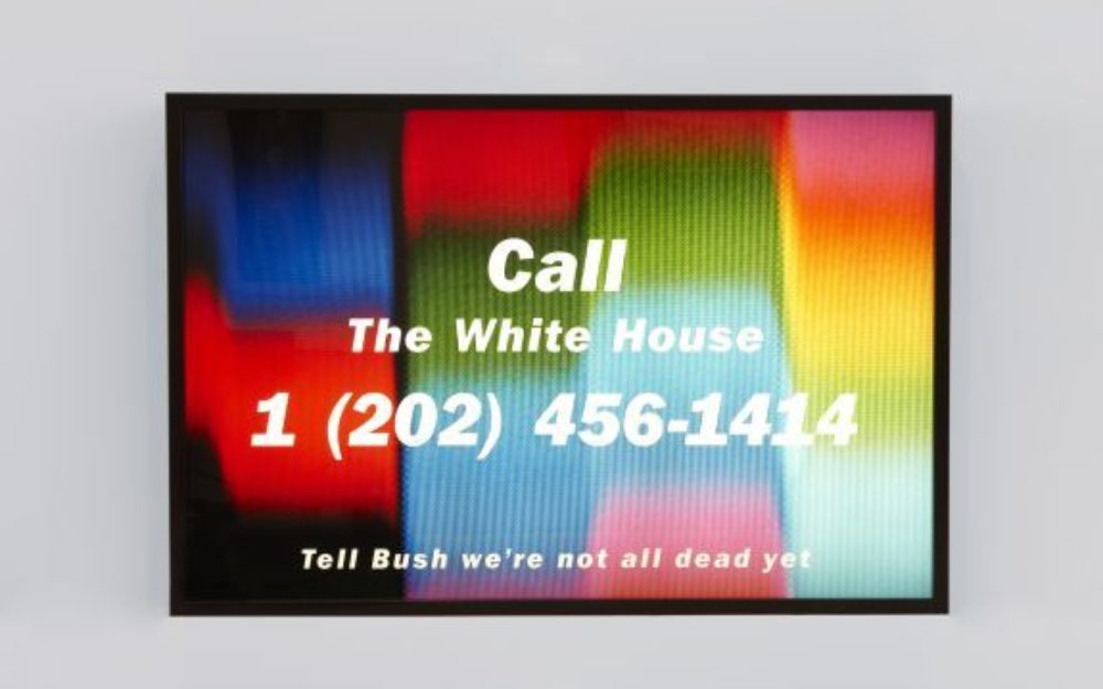 Colorful image with white text reading "Call The White House, 1 (2020) 456-1414, Tell Bush we're not all dead yet