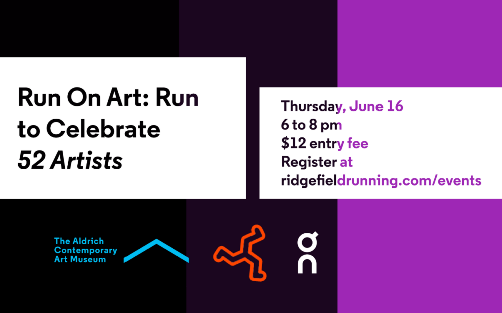 Run on Art graphic with logos for On-Running, Ridgefield Running Company, and the Aldrich