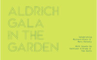 Aldrich Gala in the Garden text in teal on a chartreuse background.