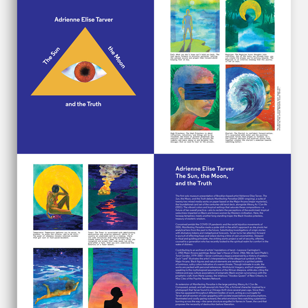 Dark blue fold-out poster featuring eight tarot-inspired paintings with their meanings by Adrienne Elise Tarver and an accompanying essay.