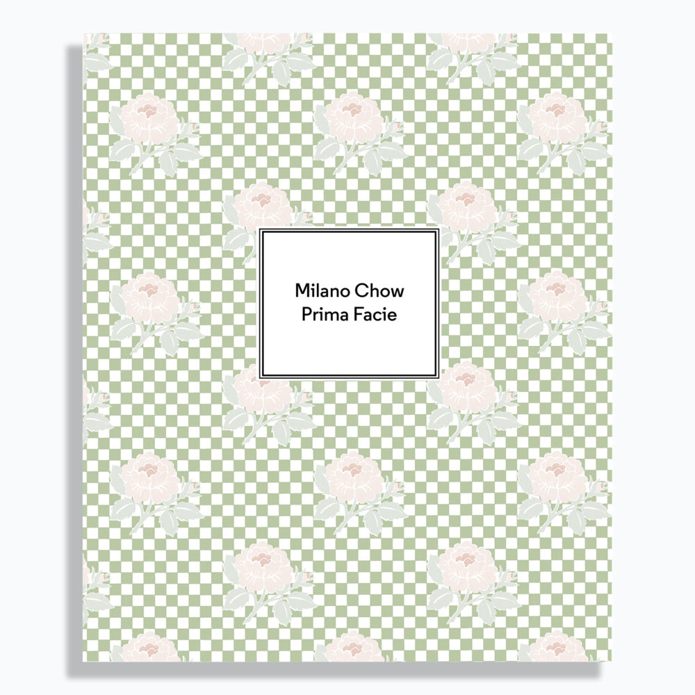 Book cover with green and white checkerboard pattern and pink flowers