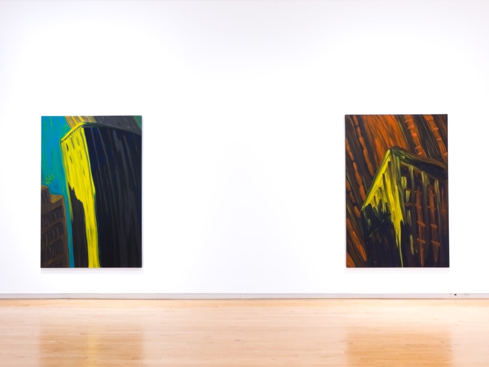 Two abstract paintings on a wall with big gestural brushwork