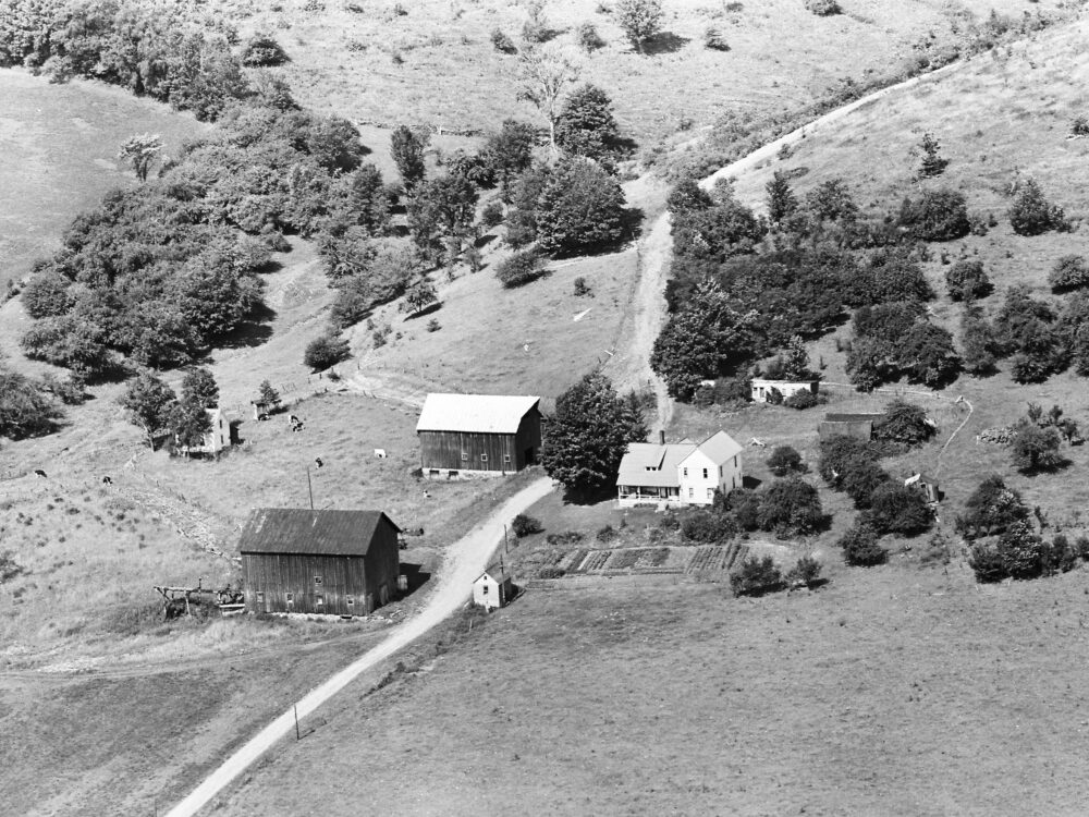 Black and white aerial photograph of a farm.