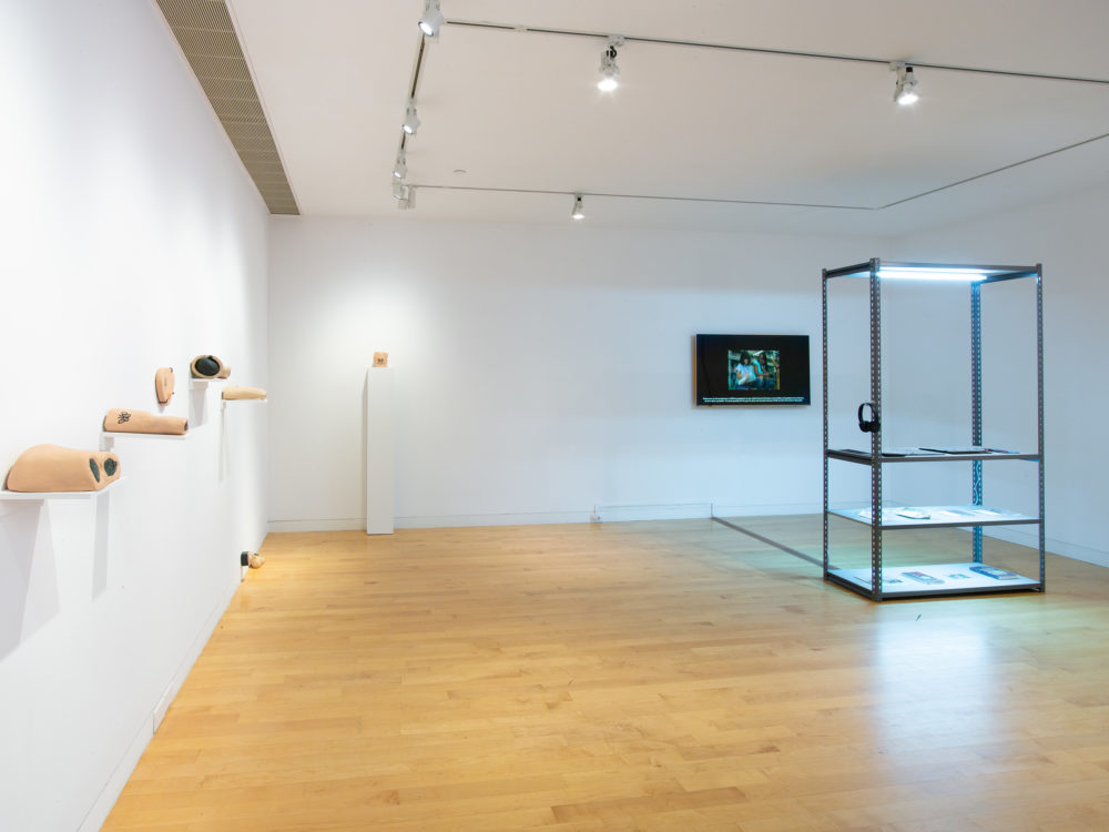 Small sculptural pieces on the wall to the left in the shape of body parts and an illuminated shelf with objects and video projection at right.