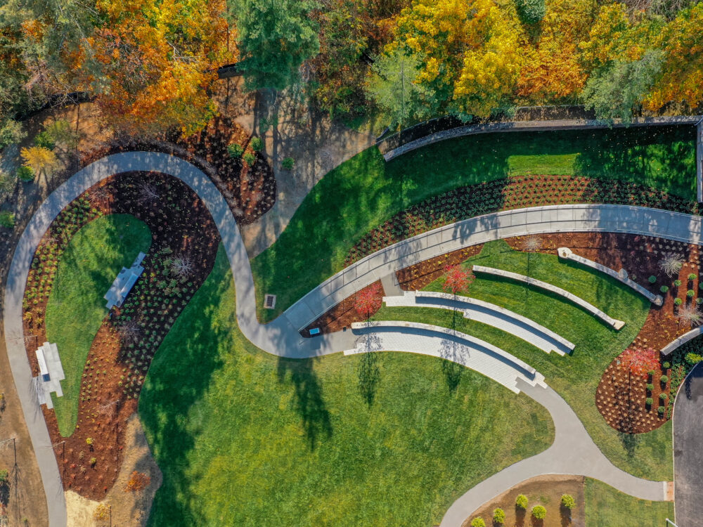 an aerial photo of an outdoor museum sculpture garden