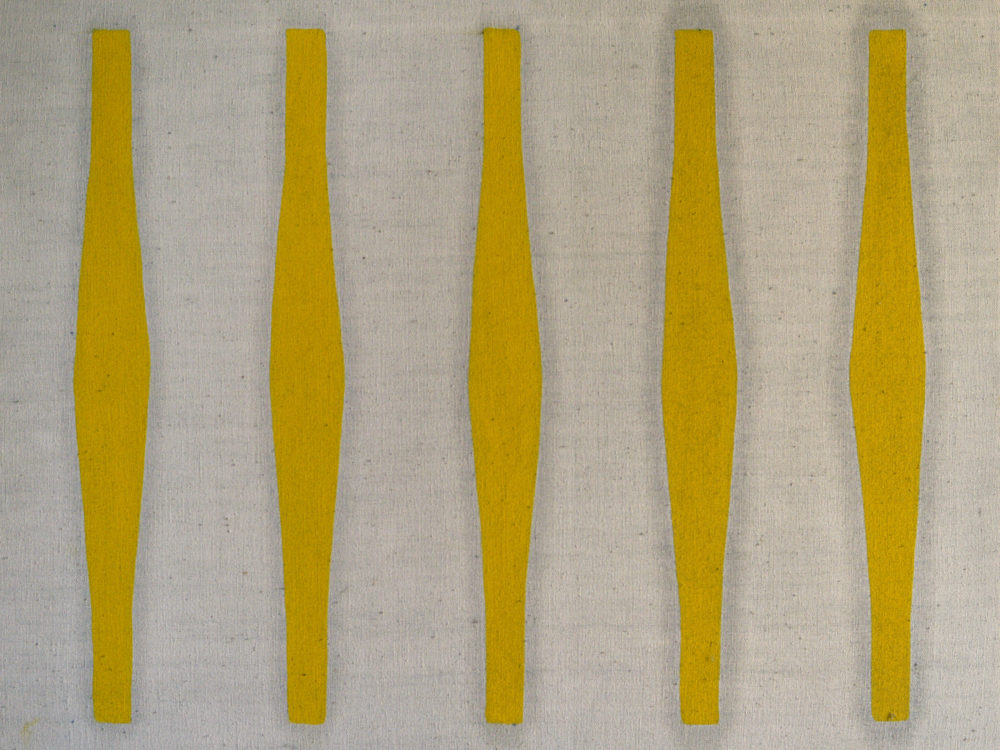 Abstract painting with a white background and five vertical yellow forms.