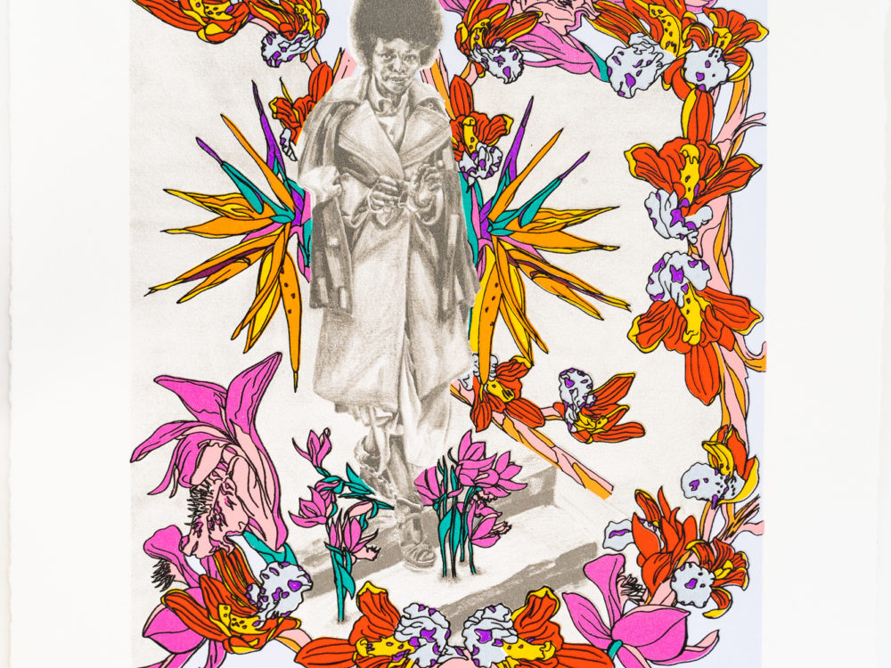 A grisaille drawing of a woman with an afro wearing a trench coat going down stairs surrounded by colorful floral imagery.