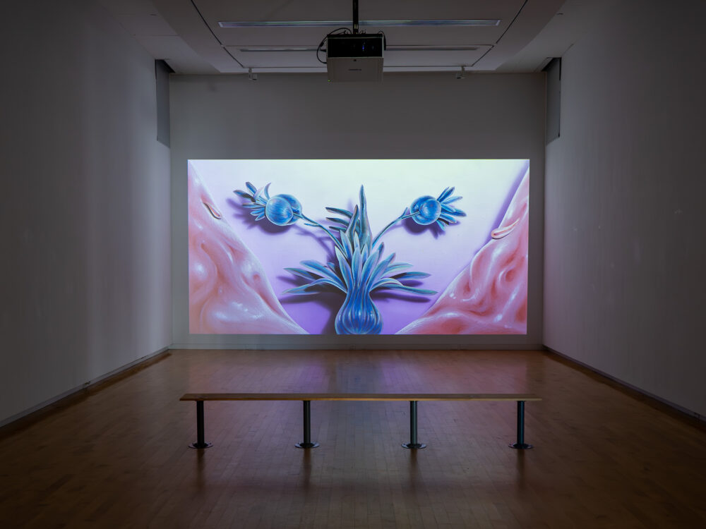 A museum gallery with a large video installation projected on a wall