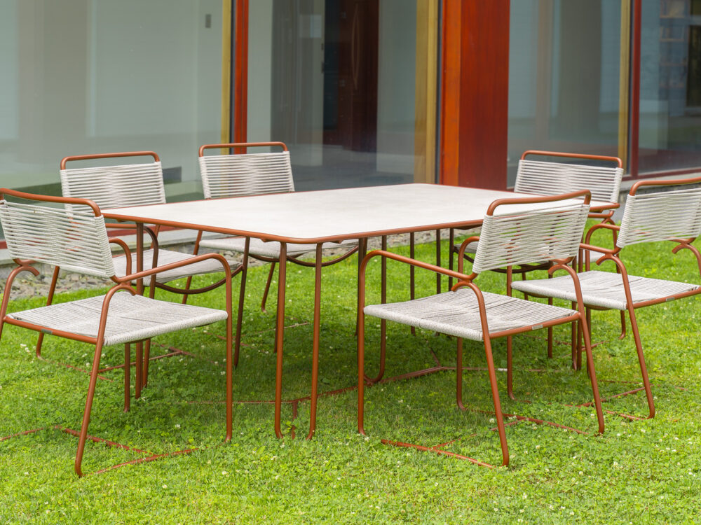 A large outdoor table with chairs