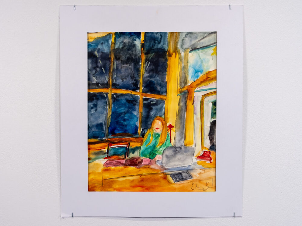 A watercolor painting of a woman sitting in a library at dusk.