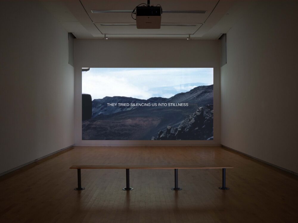 A museum gallery with a large video installation projected on a wall