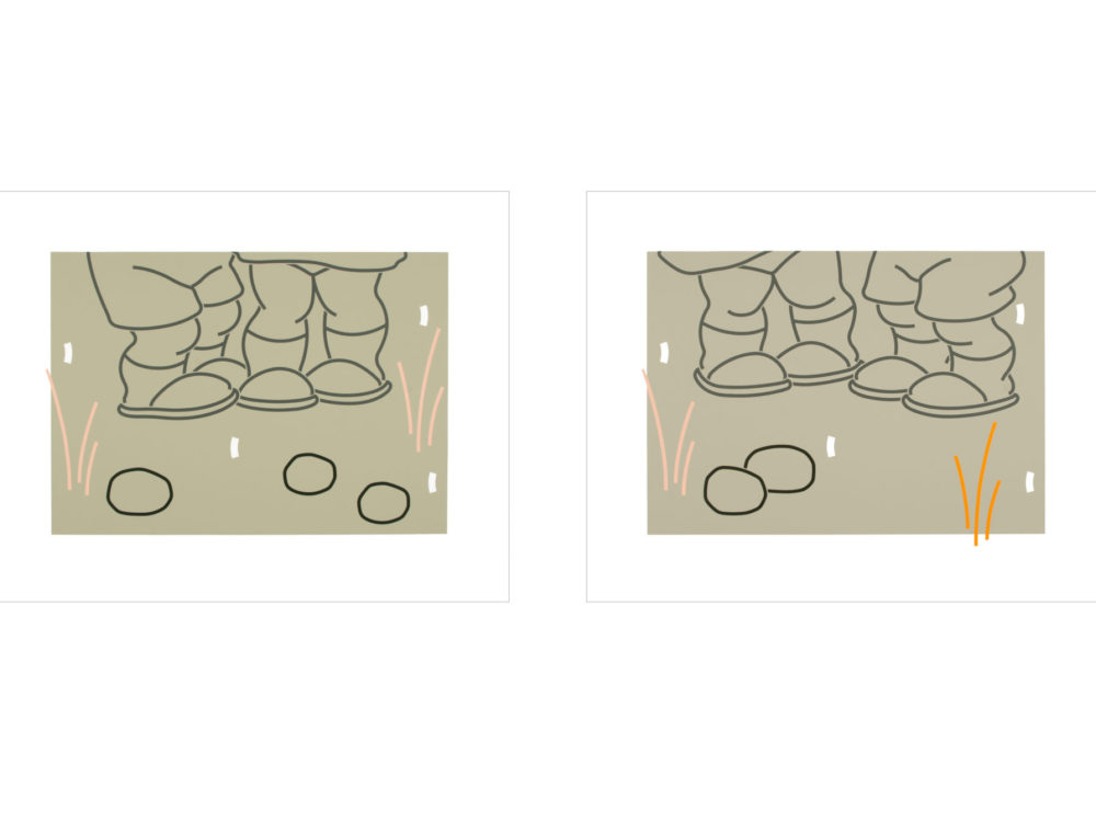 Two prints side by side featuring two sets of feet, grass, and stone in a muted color palette
