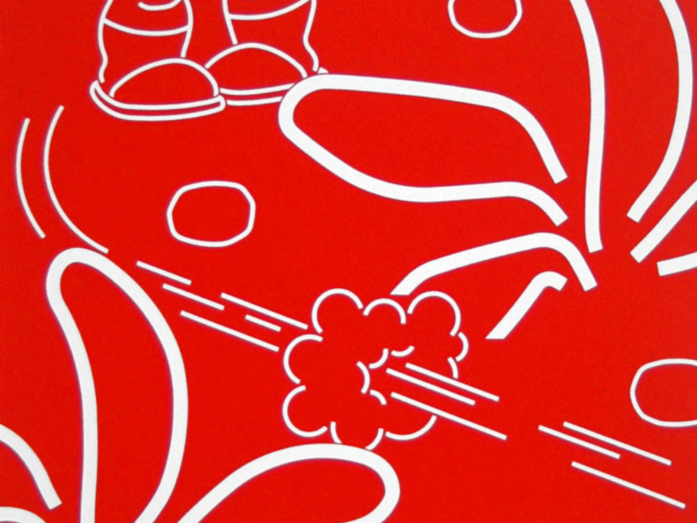 Cartoon drawing of feet and movement symbols in white on a red background.