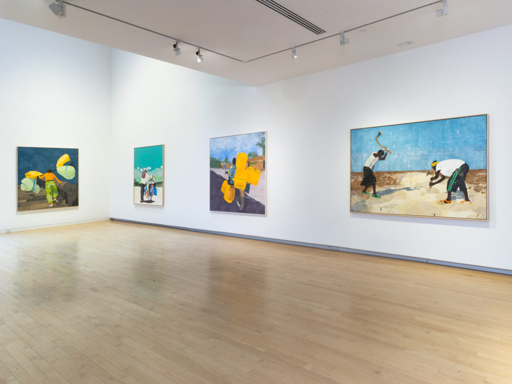 Four large canvas works on white gallery walls