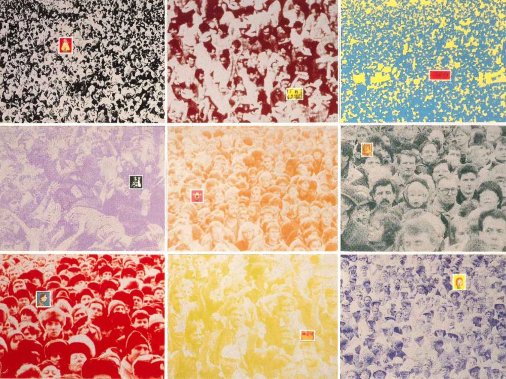 Nine colorful prints of crowds in a 3x3 grid