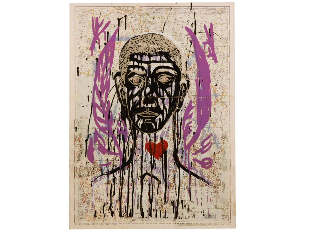 Face drawn with black and gold ink with a red heart at the throat and purple leaves framing it. A map with drawn flowers is the backdrop.