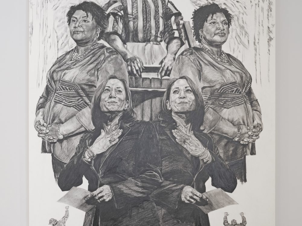 Black and white drawing featuring Kamala Harris and Stacey Abrams.