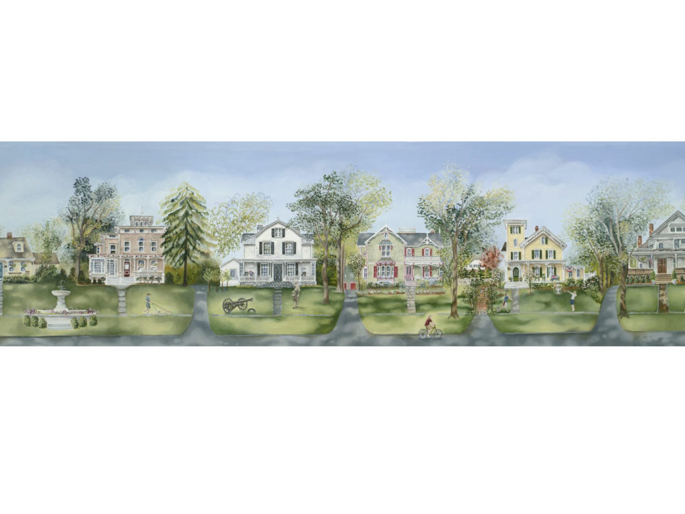 Print of illustration of homes on Main Street in downtown Ridgefield, CT featuring porches.