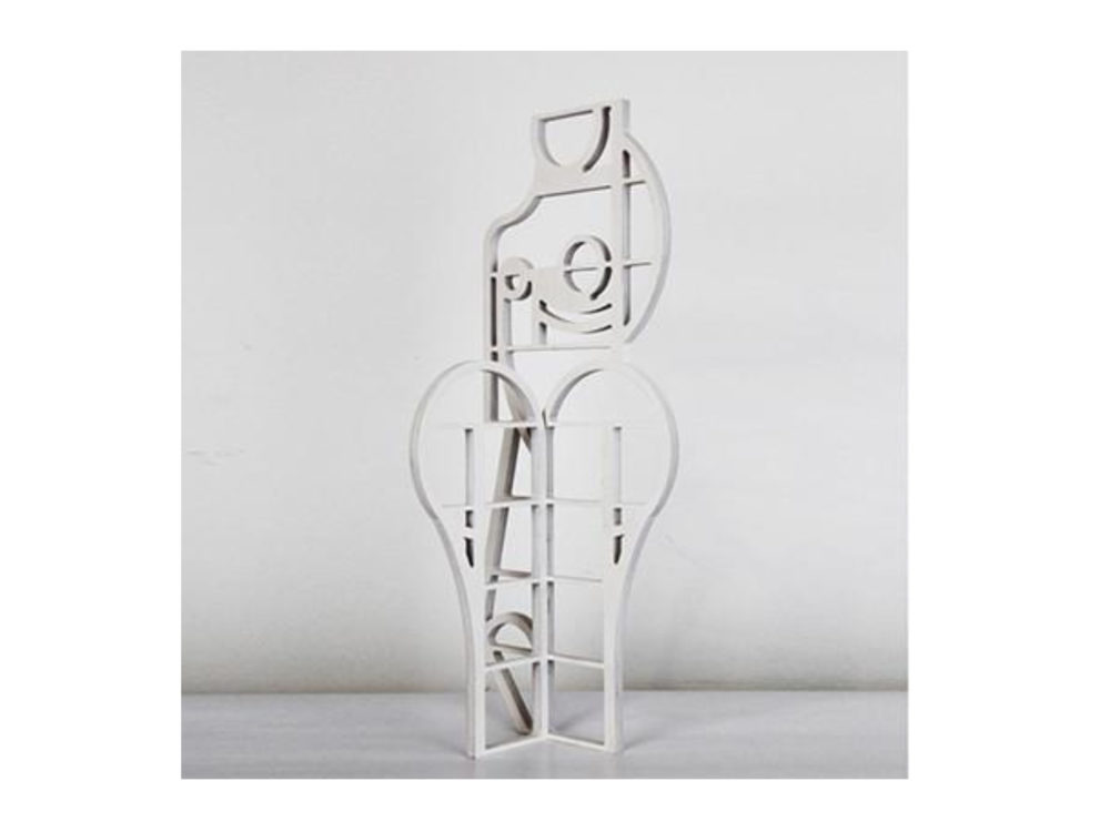 White abstract sculpture with curved lines that resemble a woman's torso and legs.