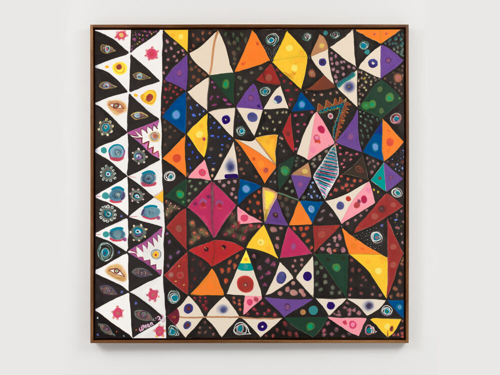 A square abstract painting with a lot of colorful triangular shapes.
