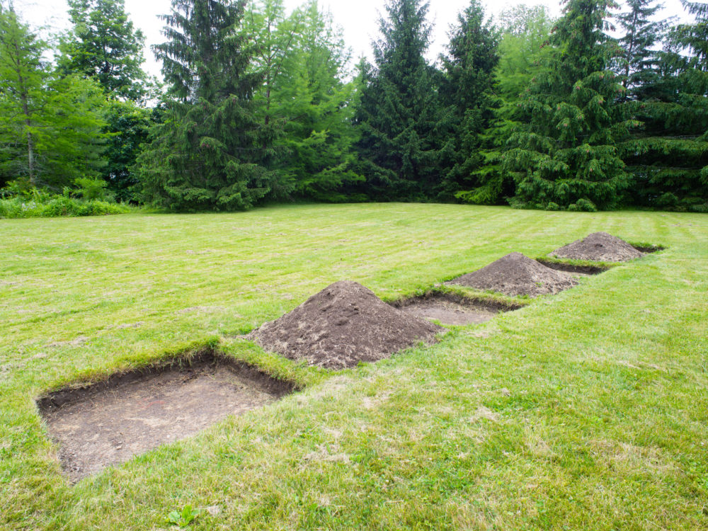 4 square excavations with 3 piles of earth next to each