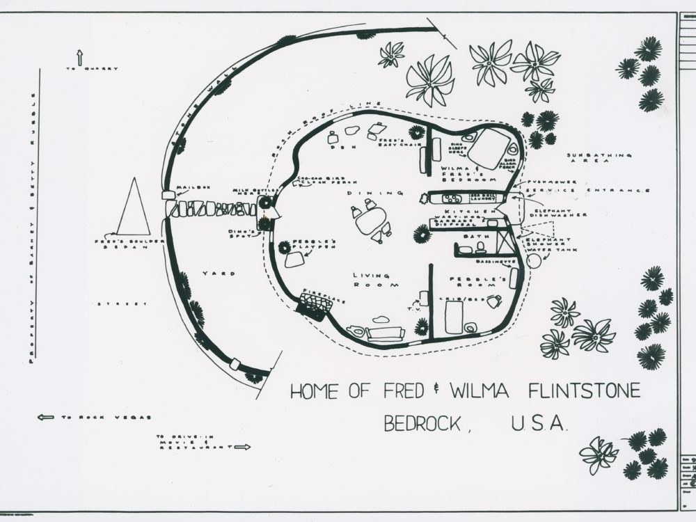 A floor plan of the fictional home of Fred and Wilma Flintstone from the cartoon "The Flintstones"