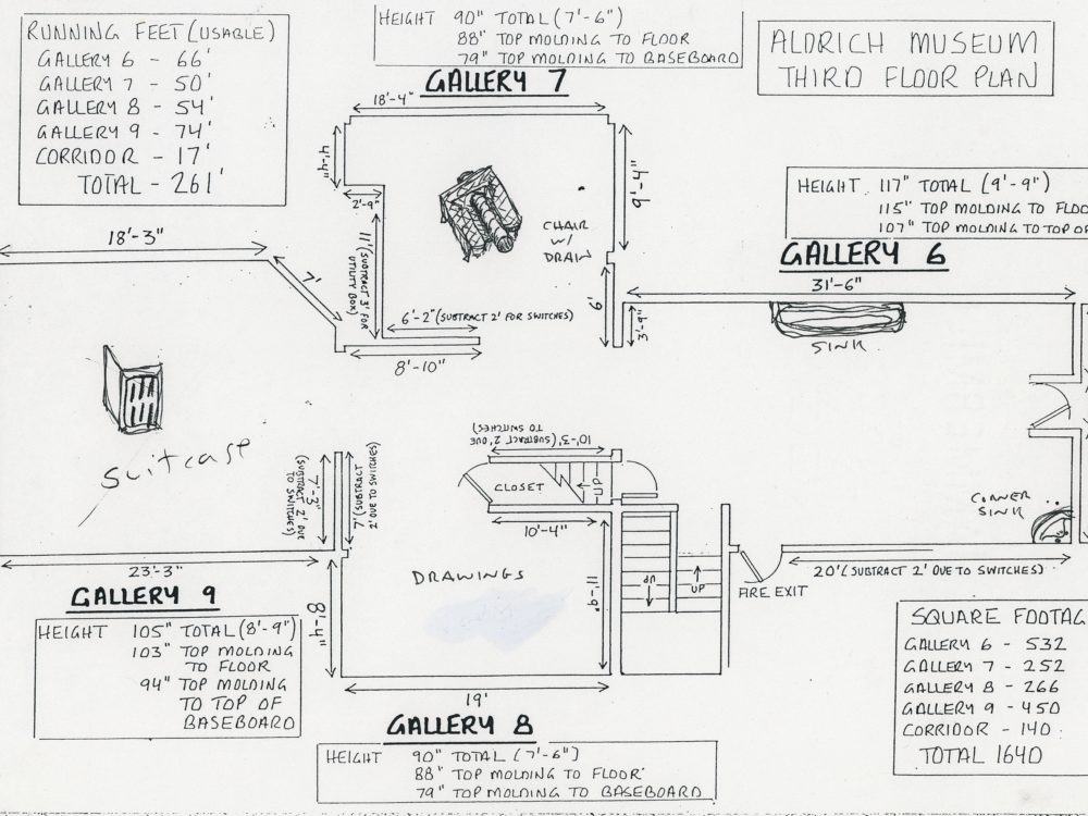 A sketch of the exhibition layout for Robert Gober's exhibition