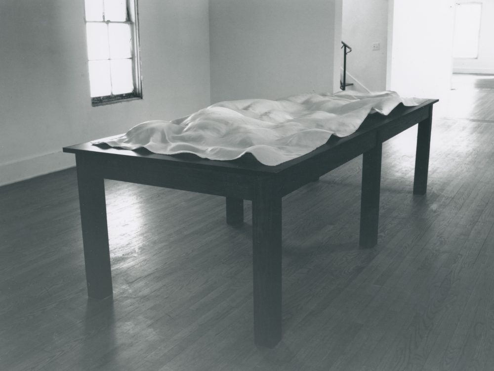 This is a photograph from Ann Hamilton's exhibition whitecloth, here you can see a wooden table with a white cloth draped over the surface