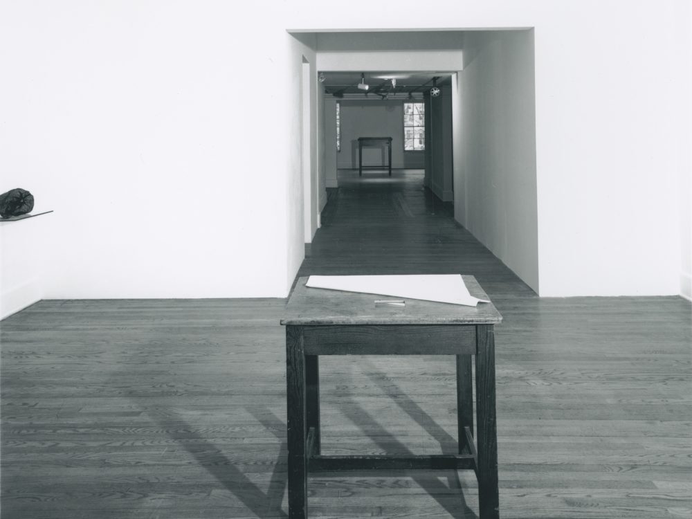 This is a photograph from Ann Hamilton's exhibition whitecloth, here you can see the large hallway in the museum which a large wooden table in the center