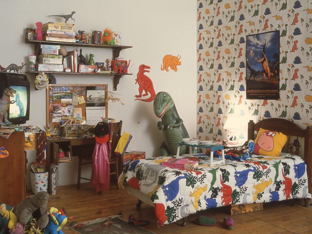 Child's room with dinosaur and other colorful items.
